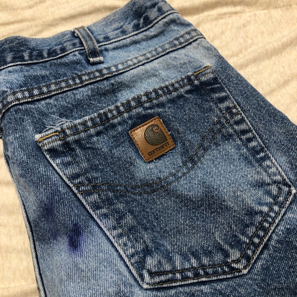 Upcycled Carhartt Jean Shorts Unique OOAK DIY Denim Medium Dark Wash